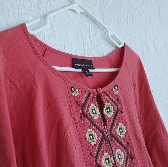 Dana Buchman Red Embroidered Long Tunic Shirt Boho Hippie Coral Cream Light XL - Picture 4 of 12